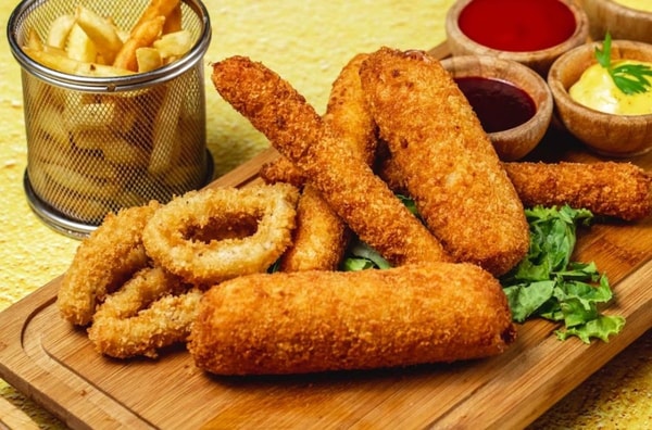 fried cheese onion rings and fries