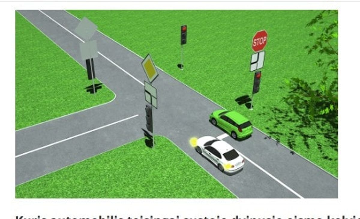 Ar prisimenate: Kuris automobilis teisingai sustojo dvipusio eismo kelyje, laukdamas žalio šviesoforo signalo?
