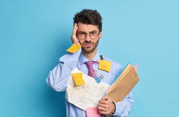 man with headache in work