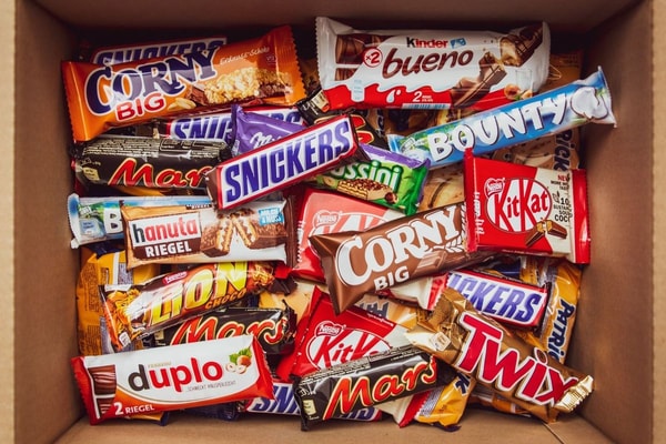 A box full of various chocolate bars
